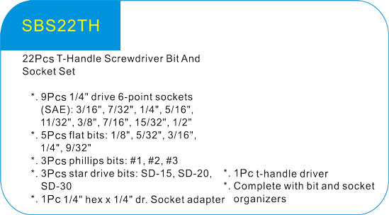  22Pcs T-Handle Screwdriver Bit And Socket Set